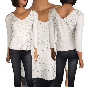 Vintage 90’s itsu White Sweater Sequins Buttons Beads M V Neck Bling 3/4 Sleeves